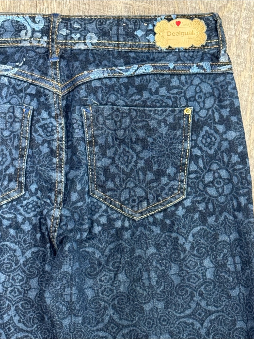 Desigual Blue Floral All Over Print Low Rise Distressed Skinny Y2K Jeans Size 28 - Picture 5 of 10
